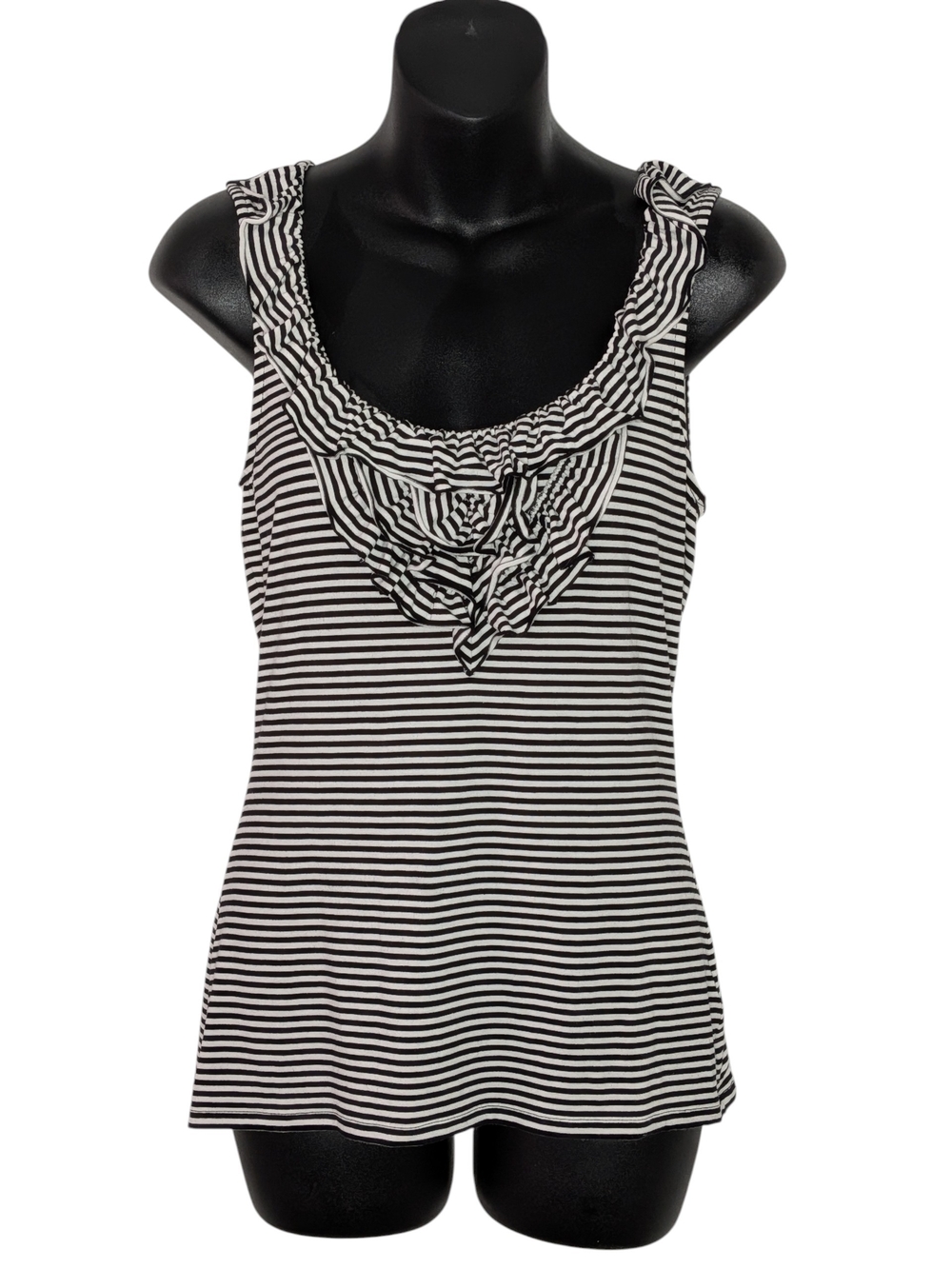 White House Black Market Black & White Striped Sleeveless Ruffle Scoop Neck Tank